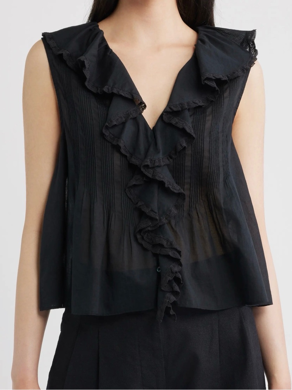 Doen Hilda Black Ruffle V-Neck Sleeveless Top